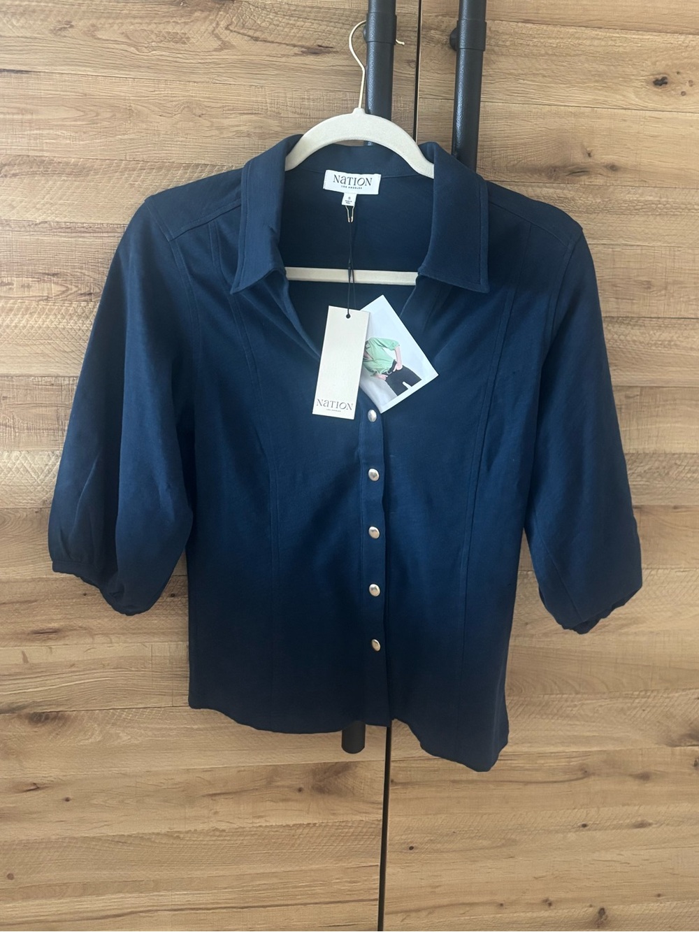 Nation Los Angeles Navy Button Front Blouse Women’s Small 3/4 Sleeve Collared
